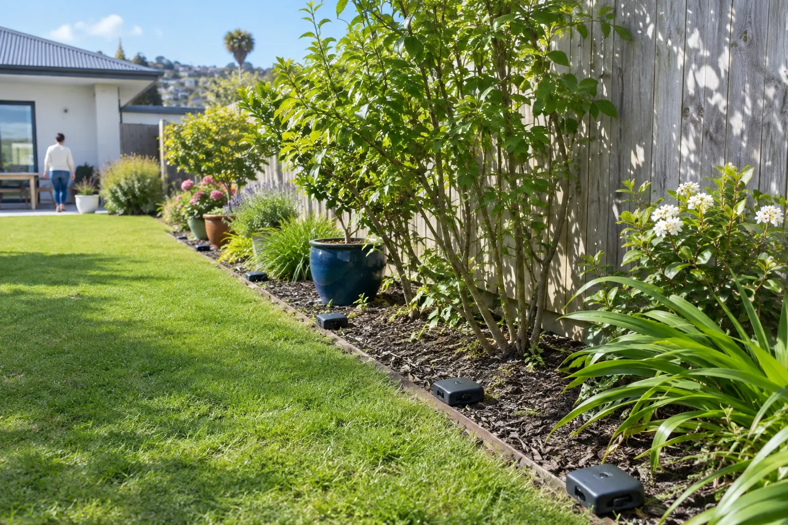 Small bait stations spaced along a wooden fence line and garden border