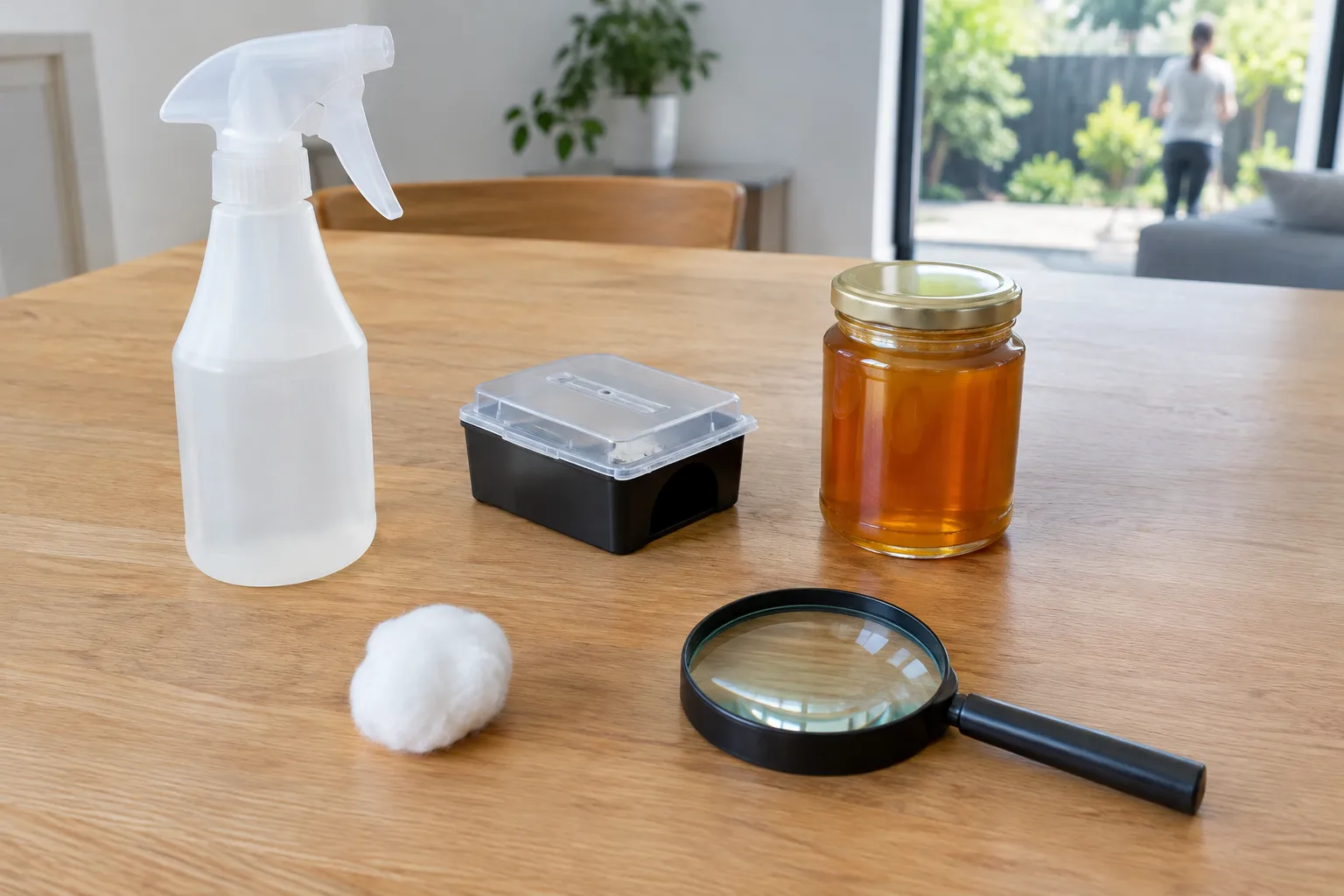 An unlabelled spray bottle, bait station, honey jar and magnifying glass on a table